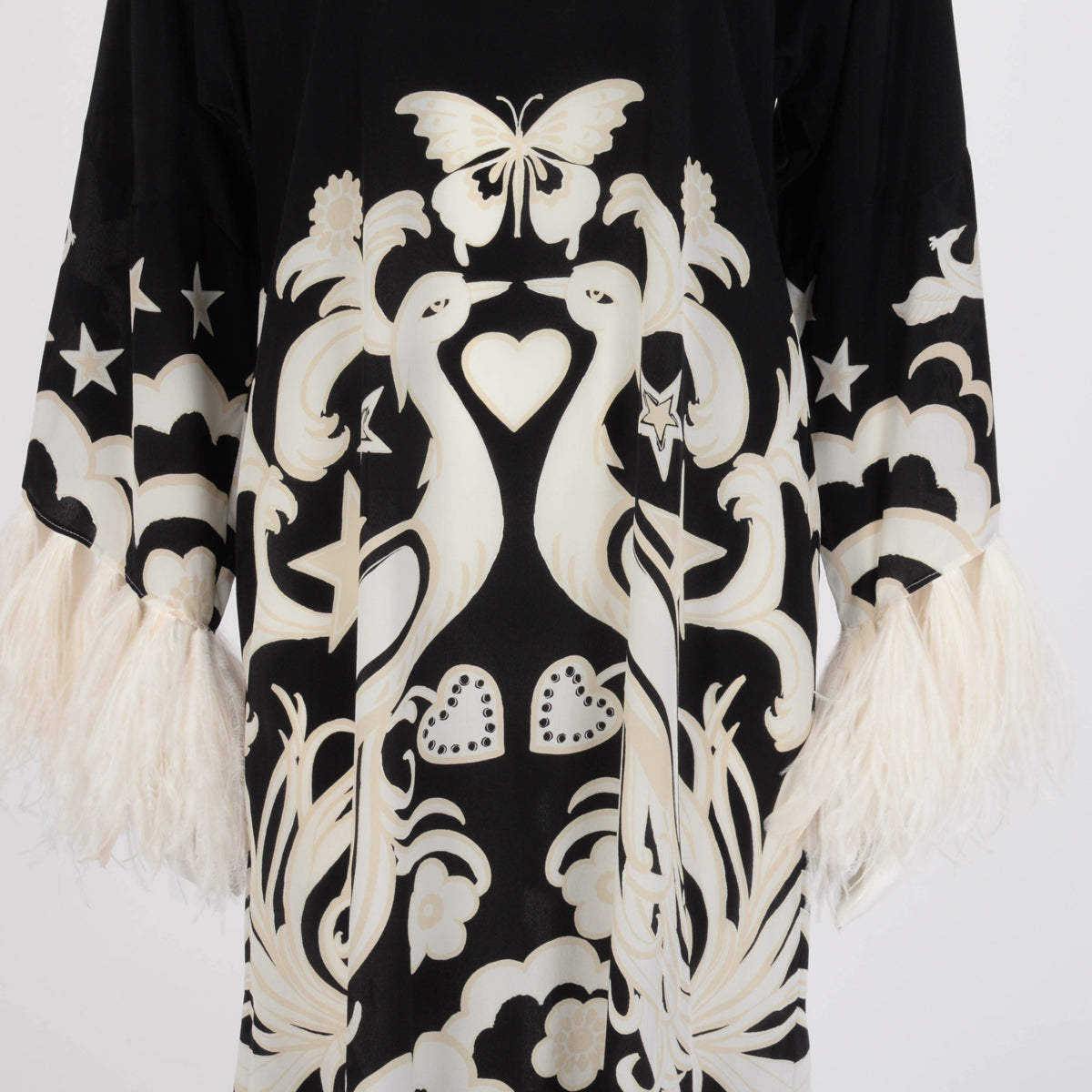 Valentino Black Silk Print Feather Trimmed Midi Dress FR 42