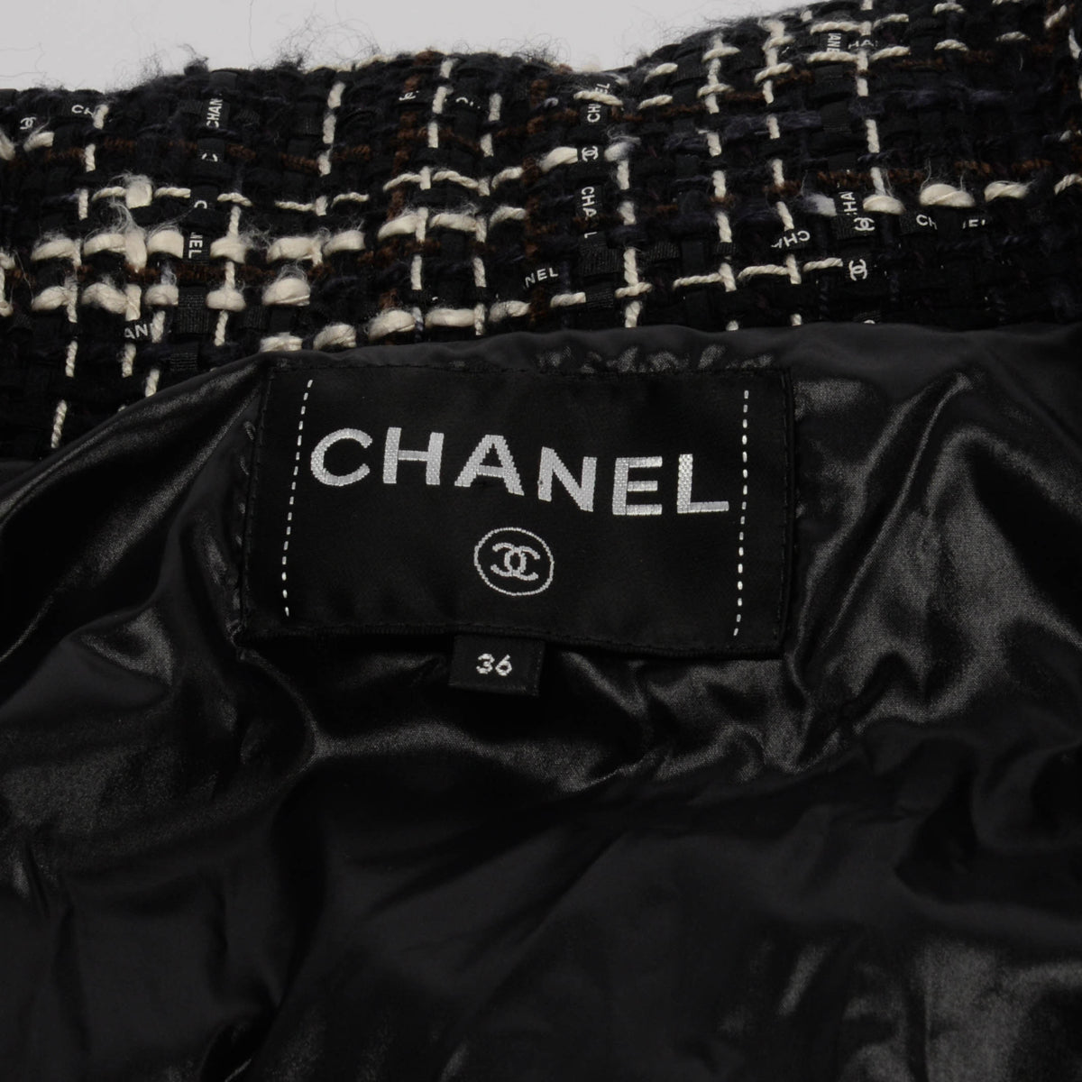 Chanel Black Nylon & Tweed Coco Neige Puffer Jacket FR 36