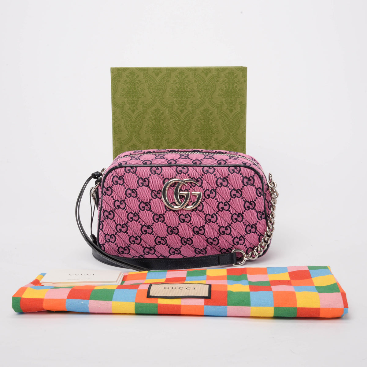 Gucci Pink & Navy GG Canvas Small Marmont Bag