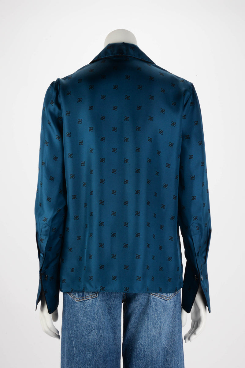 Fendi Blue Silk Karligraphy Motif Shirt IT 40