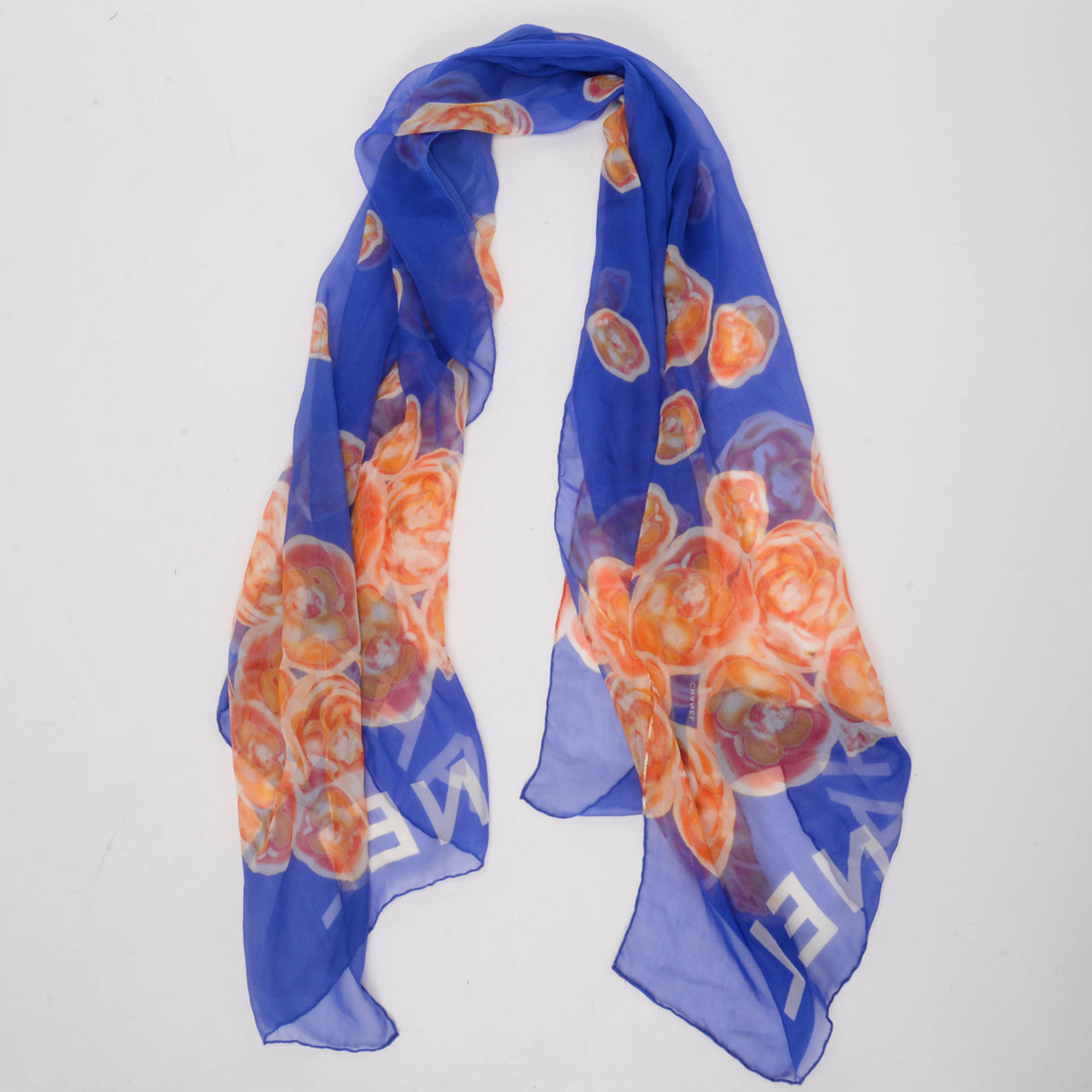 Chanel Blue Silk Chiffon Camellia Print Scarf