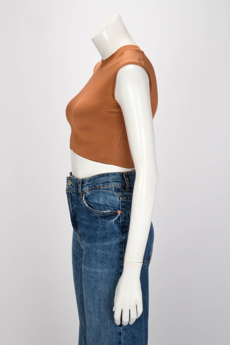Hermes Brun Noisette Double Sided Silk Knit Crop Top FR 38