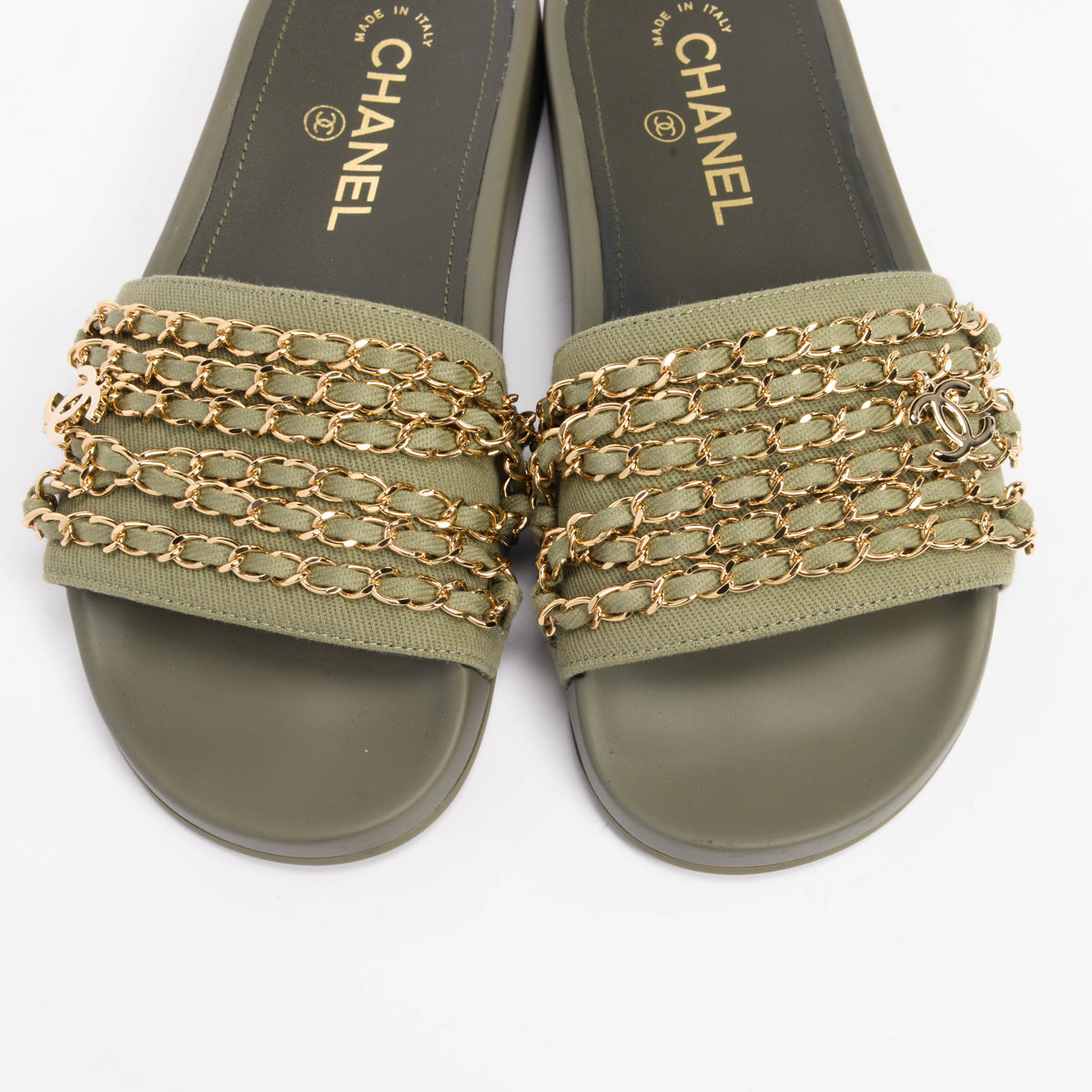 Chanel Khaki Canvas Chain Trim Slides 36