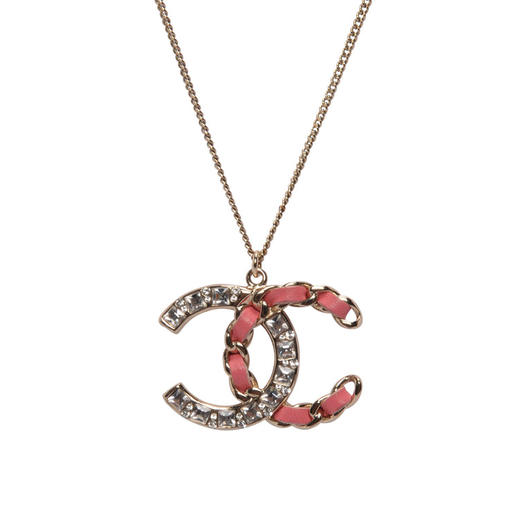 Chanel Pink Leather & Crytstal Large CC Necklace