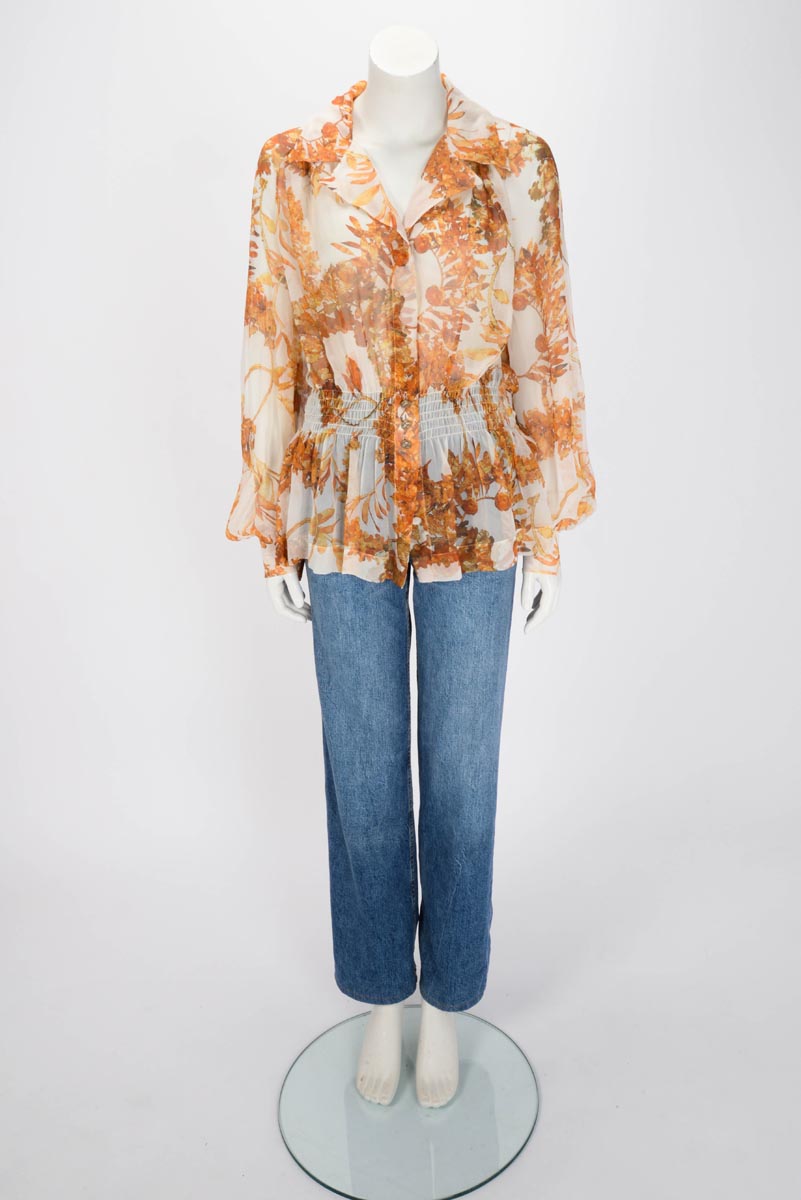 Chanel Cream Floral Silk Chiffon Shirred Waist Blouse FR 46