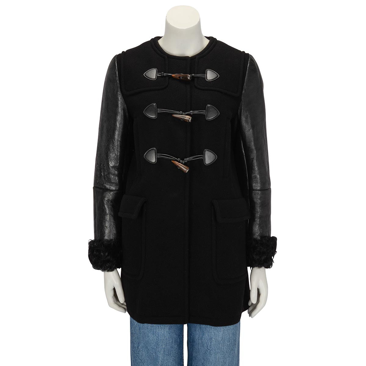 Miu Miu Black Wool Melton Leather Trim Duffle Coat