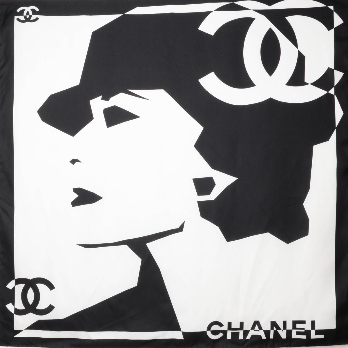 Chanel Black & White Silk CC Coco Mademoiselle Scarf