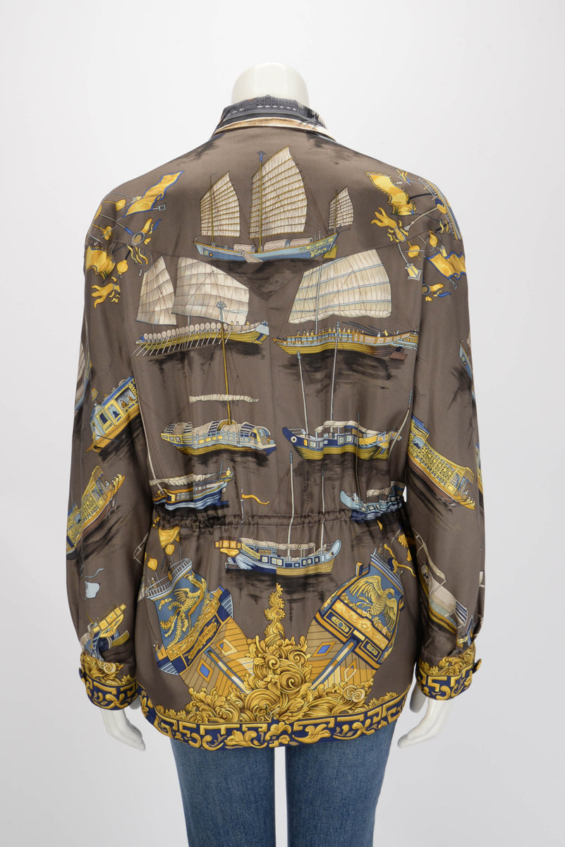 Hermes Brown & Cream Silk Jonques et Sampans Reversible Jacket FR 40