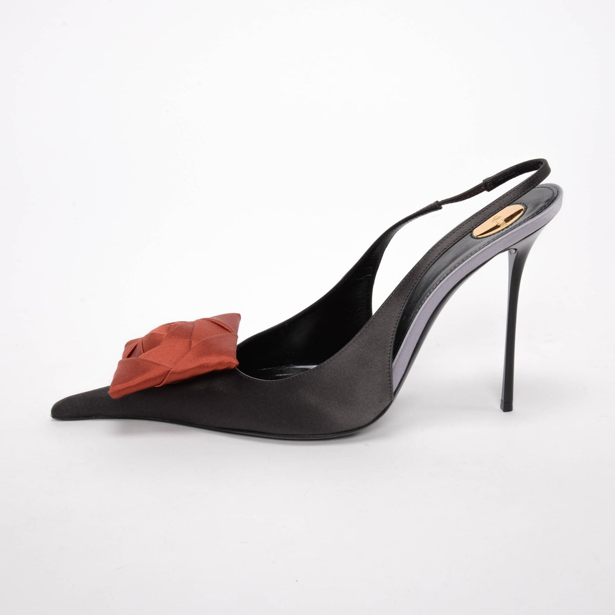 Saint Laurent Charcoal Satin Crepe Amalia Embellished Slingback Pumps 41