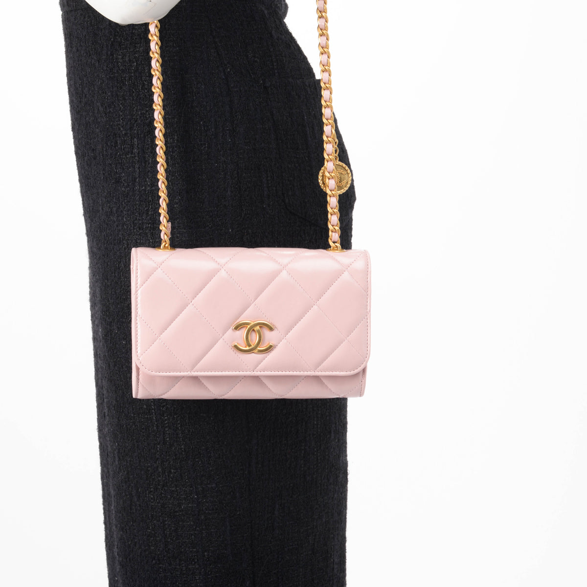 Chanel Pink Glossy Lambskin CC Medallion Wallet on Chain