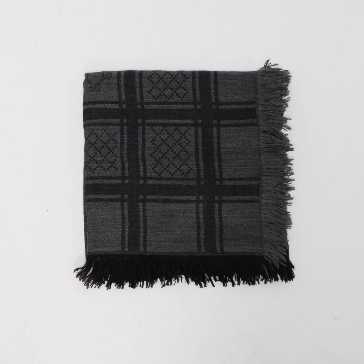 Gucci Charcoal Wool Silk Printed GG Fringed Scarf