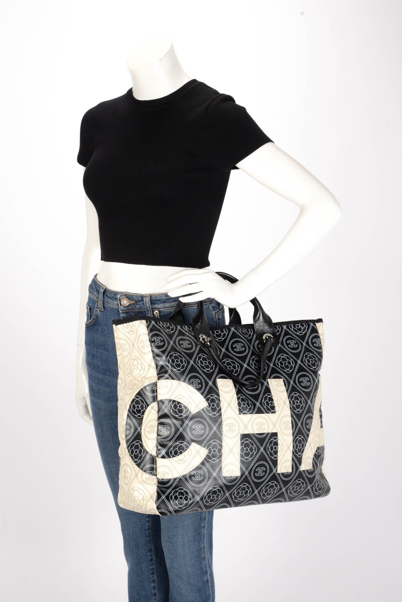 Chanel Black & Ivory Coated Canvas Camellia Tote