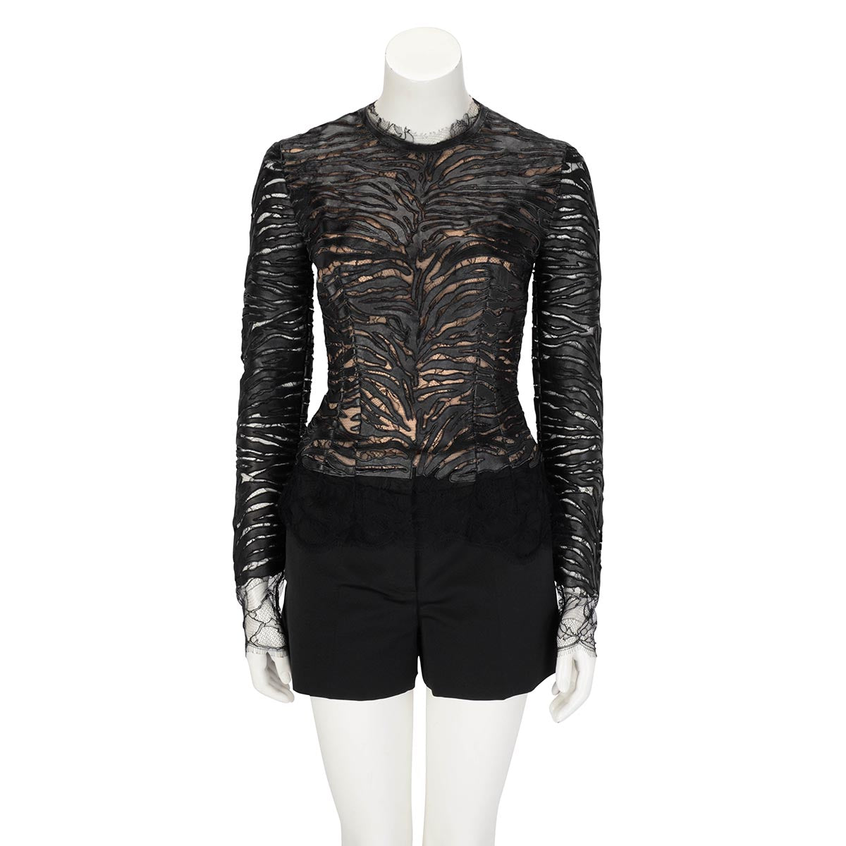 Alexandre Vauthier Black Lambskin & Lace Long Sleeve Top FR 36