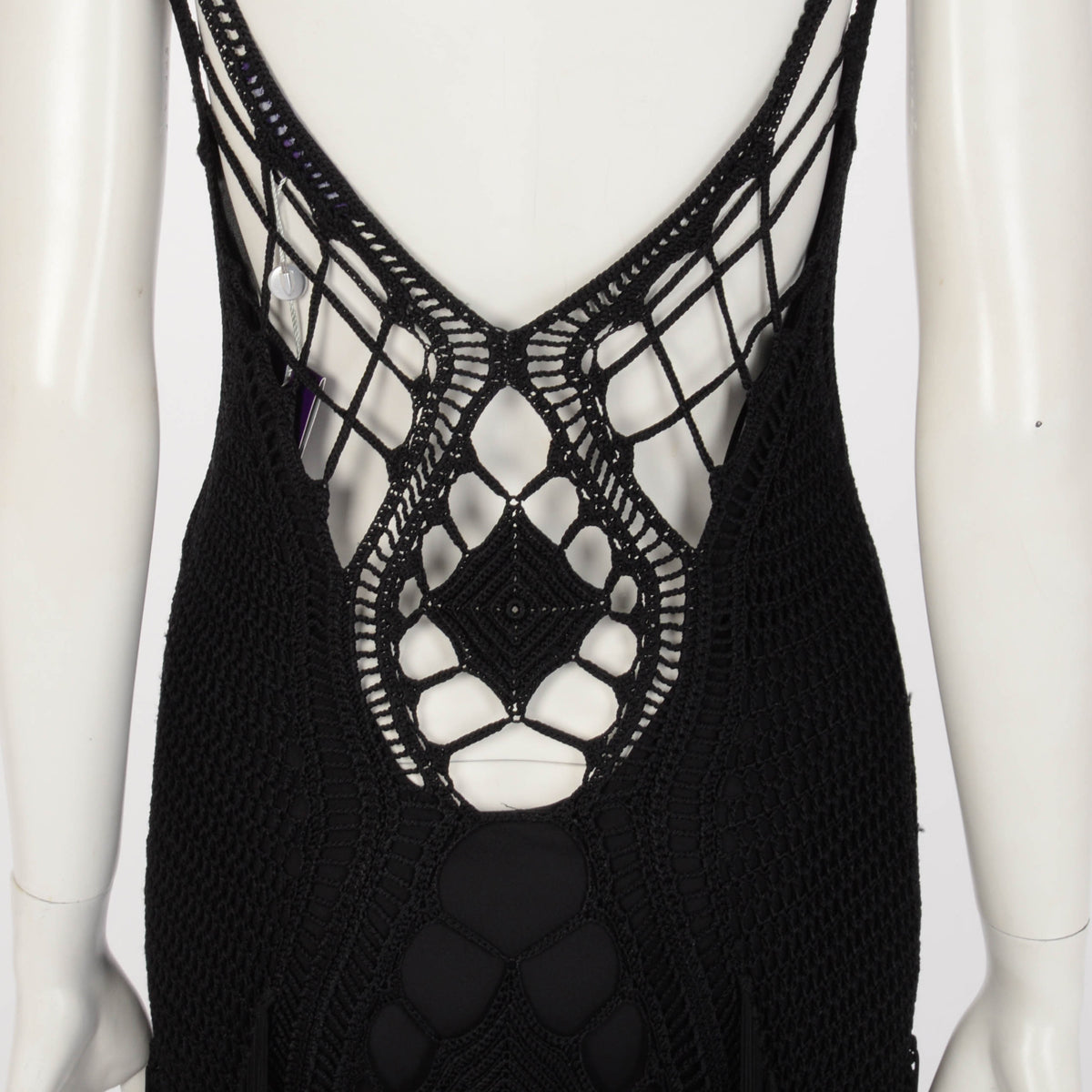 Ralph Lauren Black Crochet Fringed Evening Gown M
