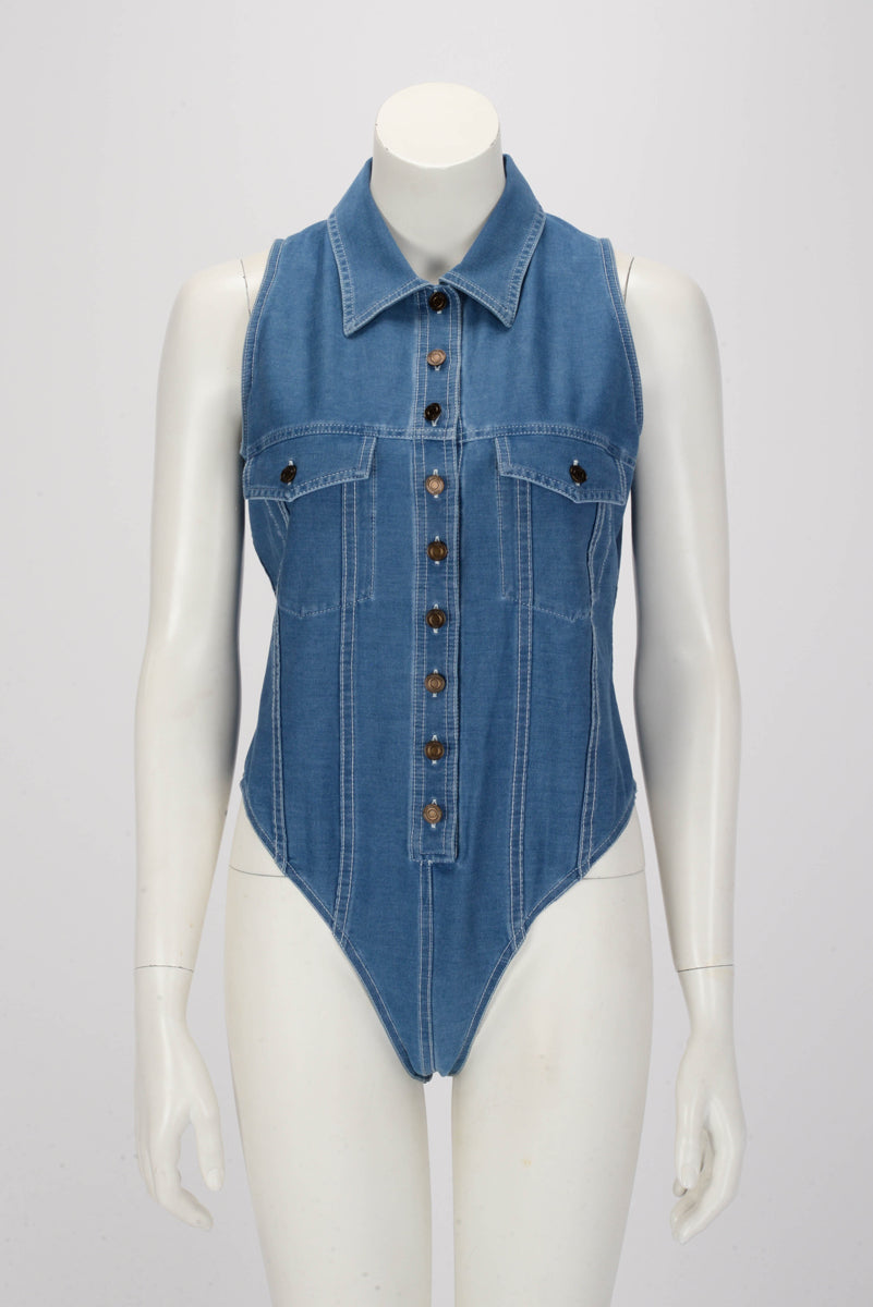 Saint Laurent Blue Stretch Denim Button Up Bodysuit FR 42