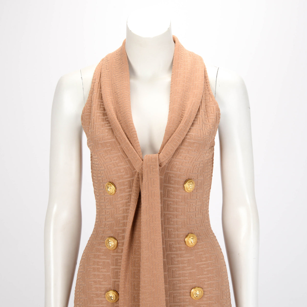 Balmain Gold Monogram Knit Sleeveless V-Neck Dress FR 36