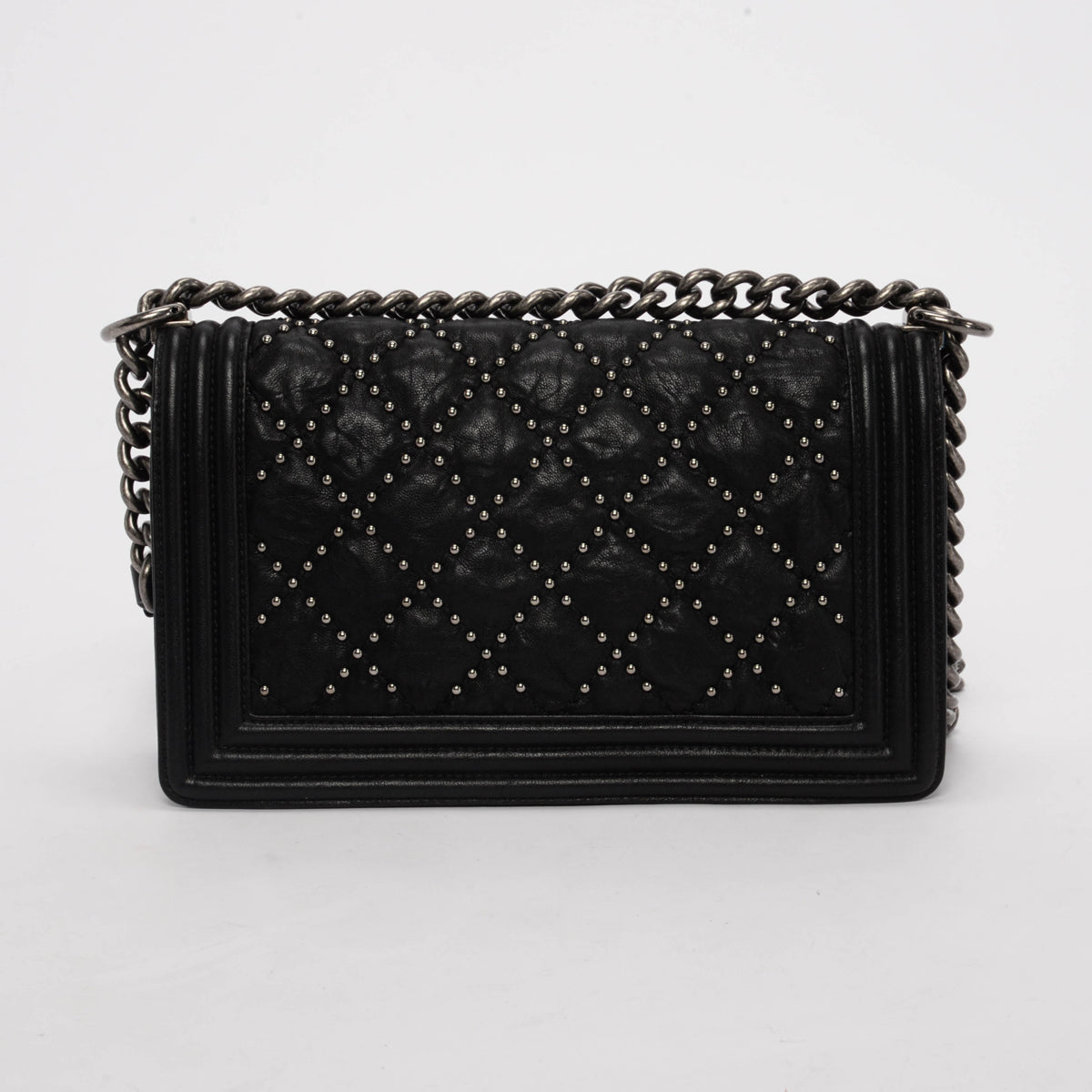 Chanel Black Crumpled Calfskin New Medium Studded Boy Bag