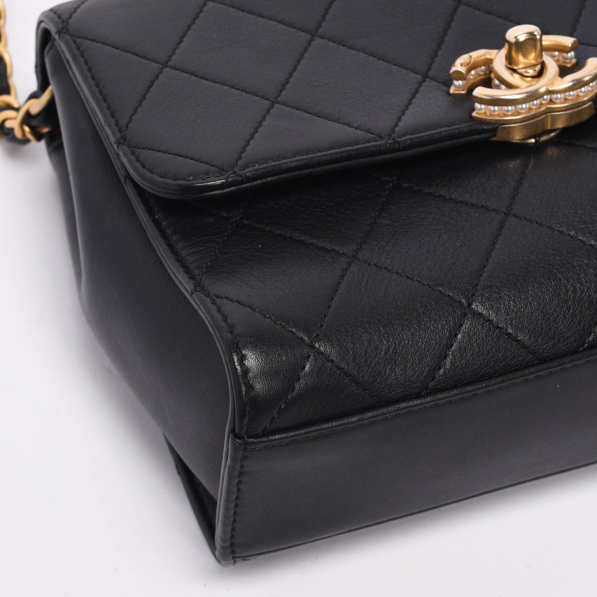 Chanel Black Calfskin Pearl Logo Top Handle Flap Bag