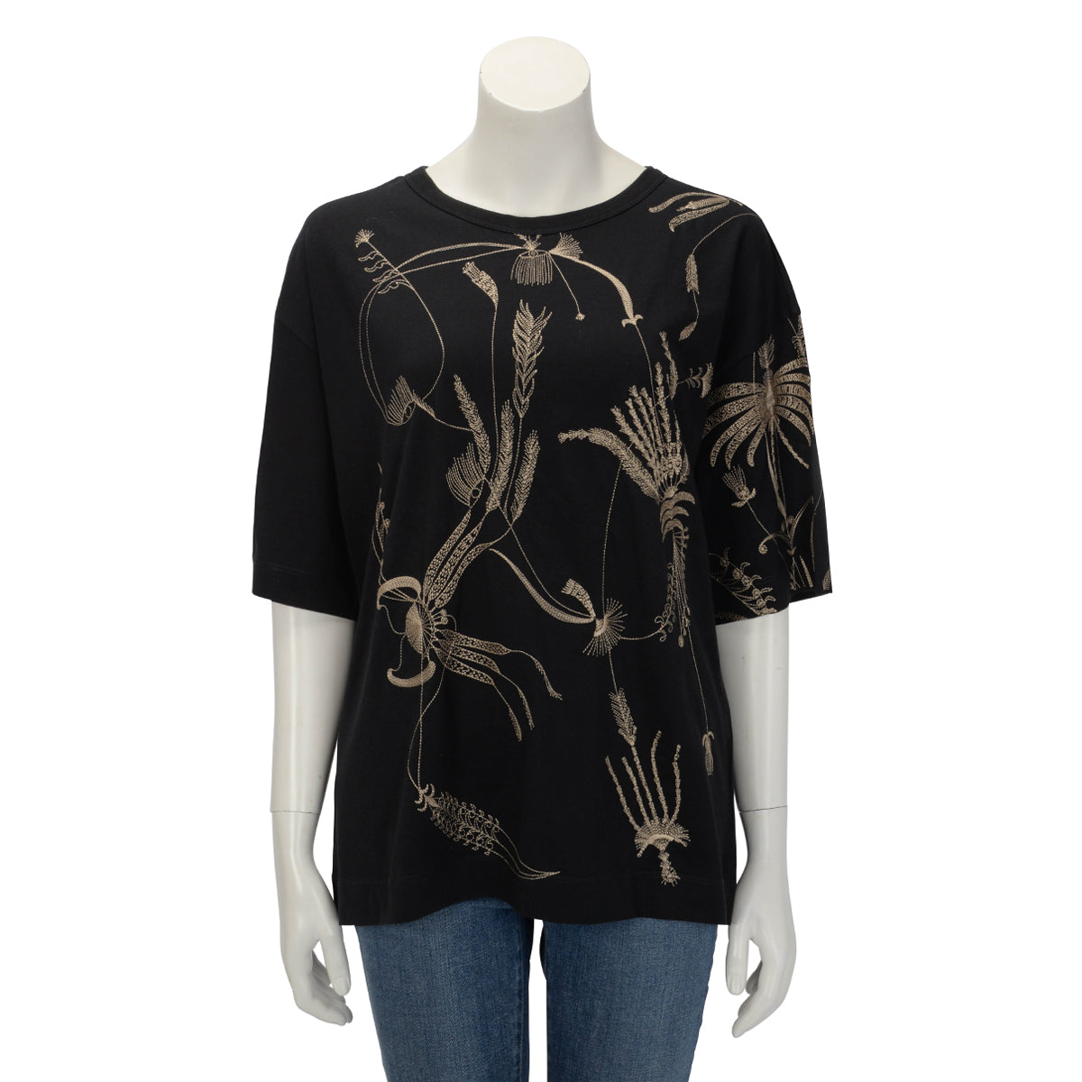 Dries Van Noten Black Cotton Floral Embroidered T-Shirt FR 40