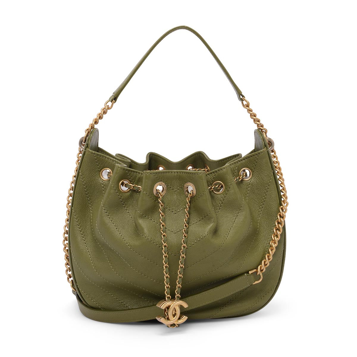 Chanel Army Green Chevron Calfskin CC Drawstring Bag