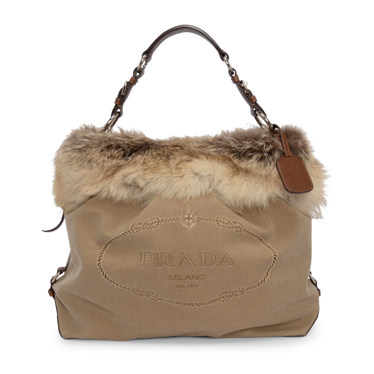 Prada Beige Logo Jacquard and Fur Hobo Bag