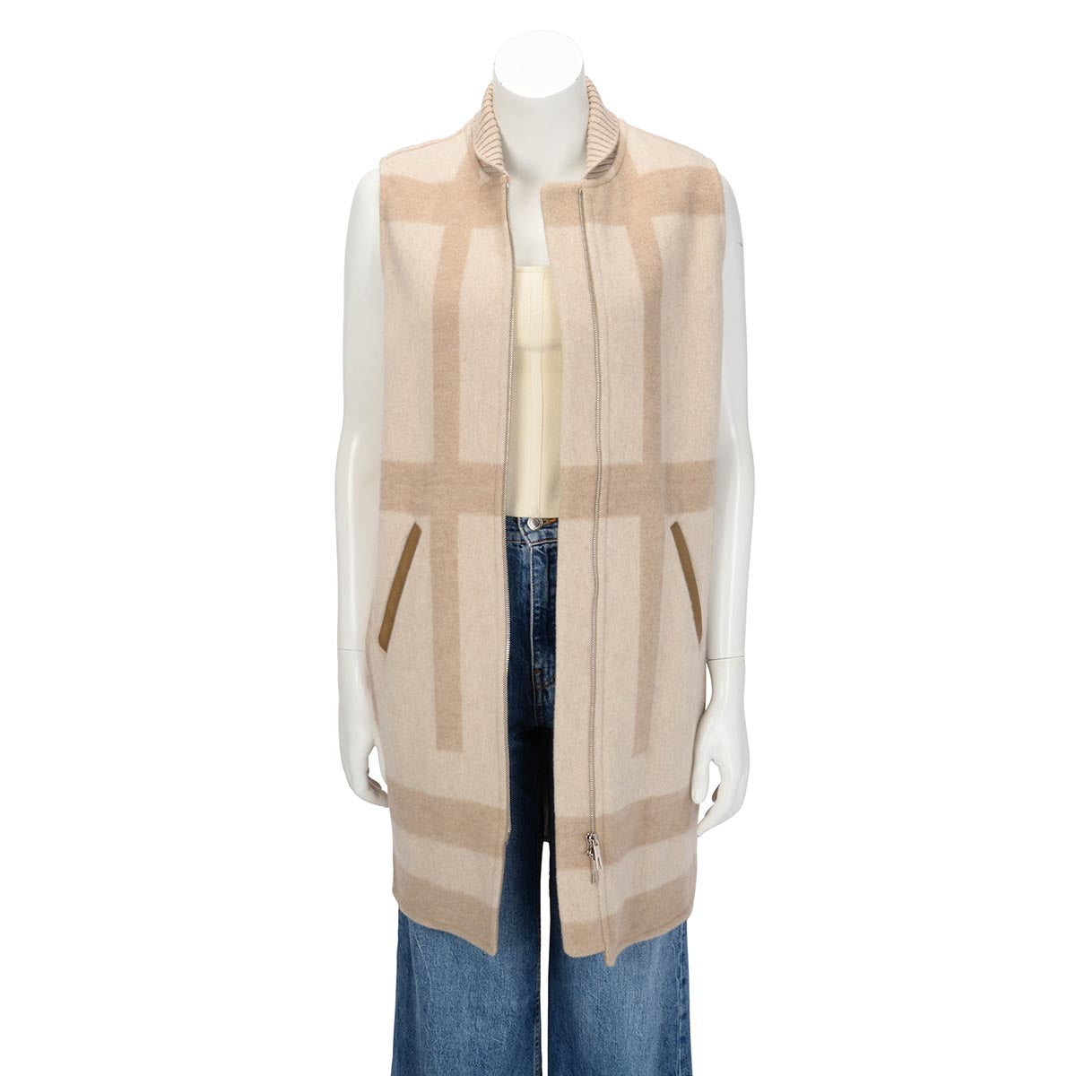 Hermes Beige Cashmere Sleeveless Zip Jacket FR 36