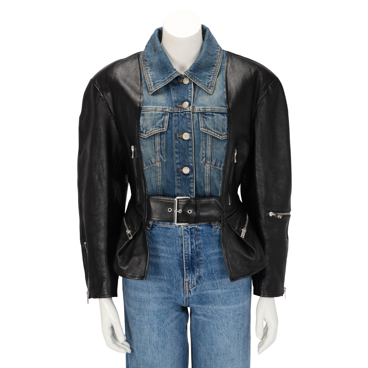 Alexander McQueen Leather & Denim Hybrid Cocoon Jacket IT 46
