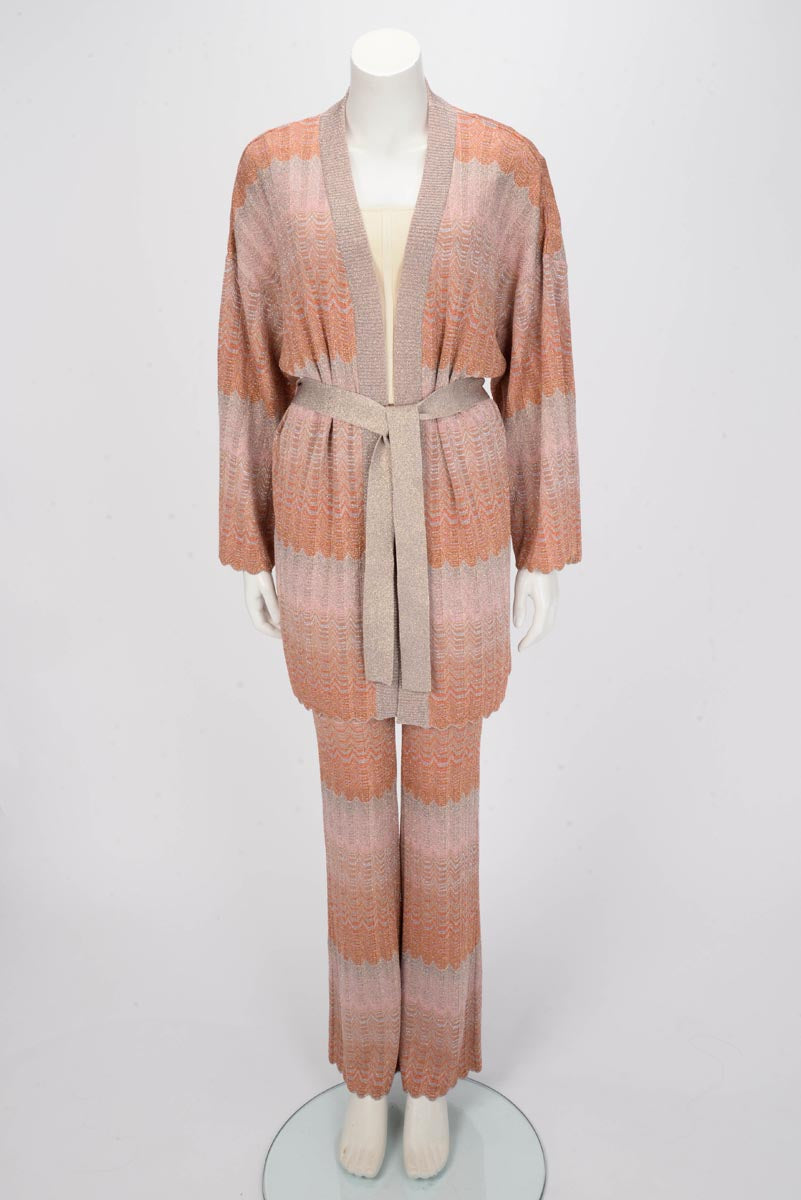 Missoni Orange Lurex Waves Chevron Belted Cardigan IT 40