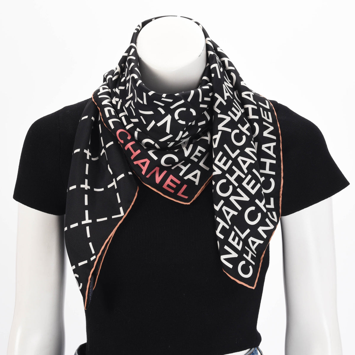 Chanel Black & White Silk Spellout CC Scarf