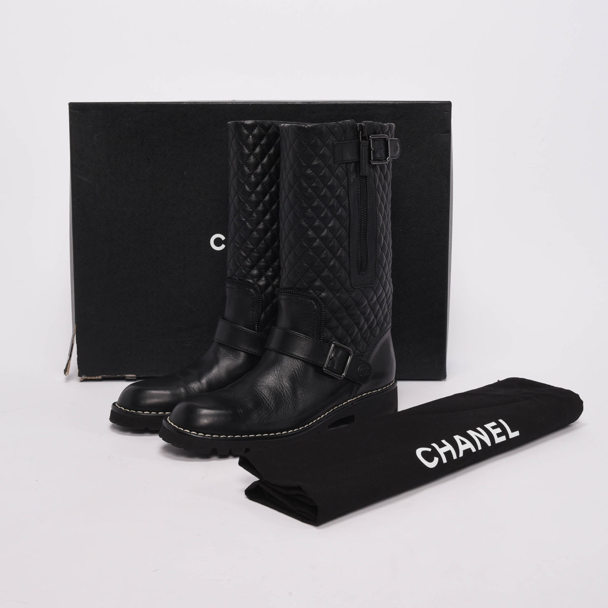Chanel Black Quilted Calfskin Biker Boots 40