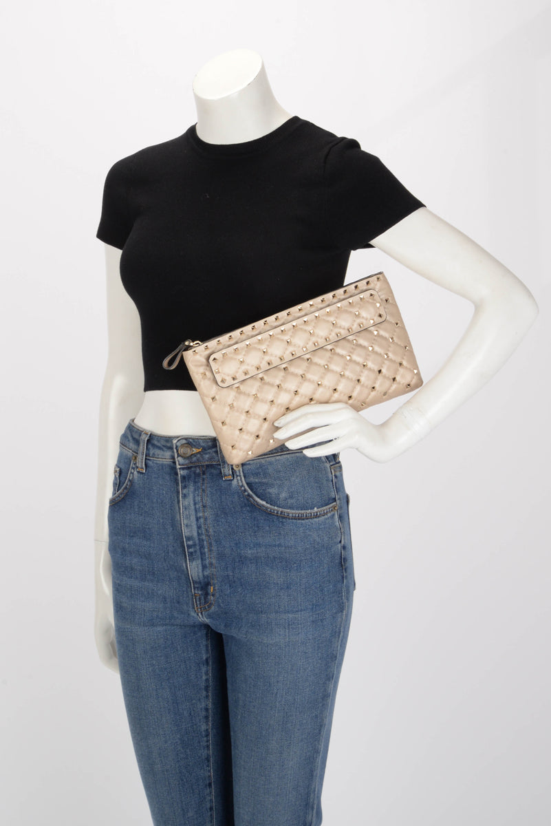 Valentino Champagne Laminated Nappa Rockstud Spike Clutch