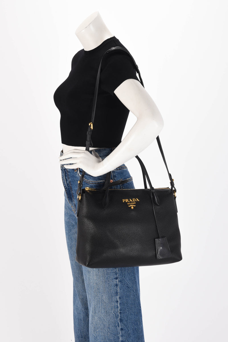 Prada Black Vitello Daino Top Handle Shoulder Bag
