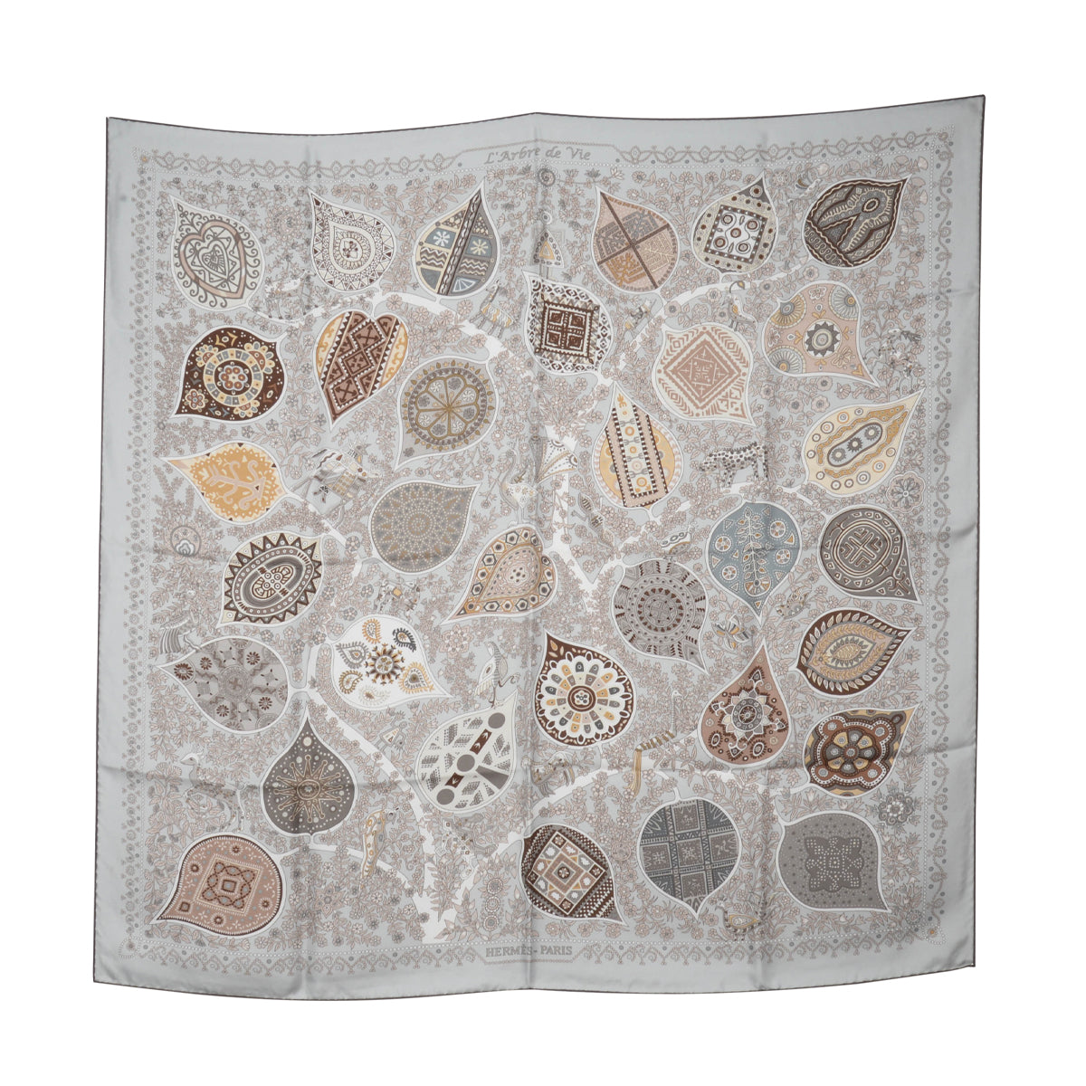 Hermes Gris Silk L’Abre de Vie Scarf 90
