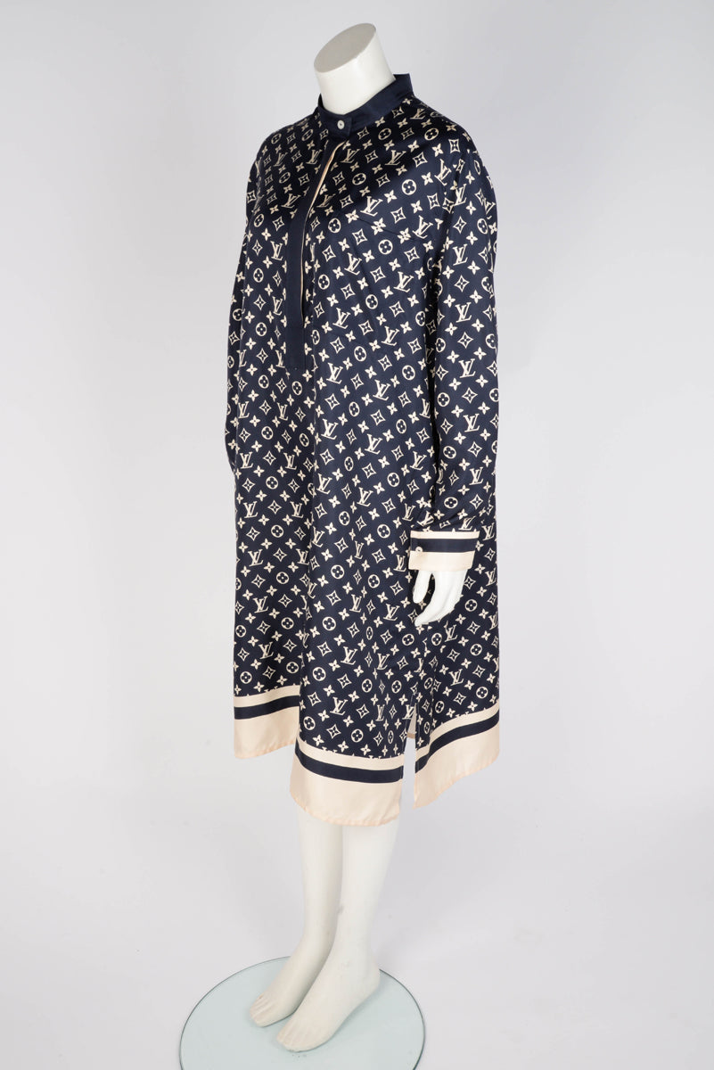 Louis Vuitton Indigo Silk Stripe Accent Monogram Shirt Dress FR 44