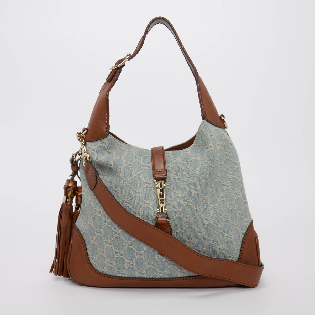 Gucci Tan Leather & GG Denim Medium New Jackie Bag