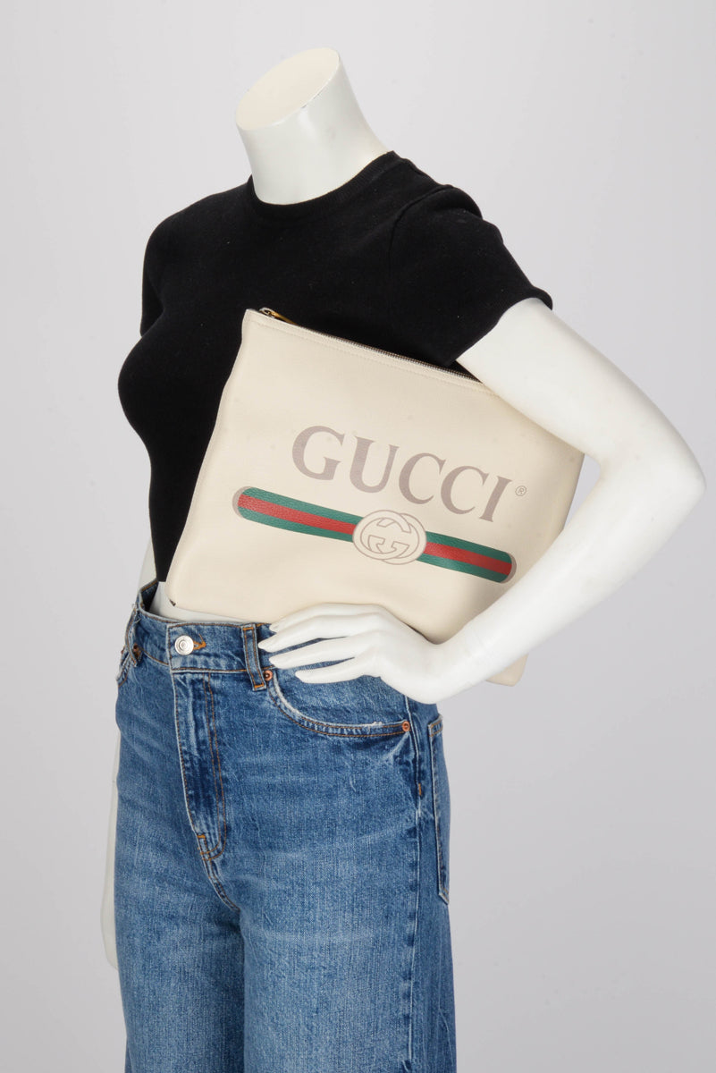 Gucci Cream Pebbled Calfskin Medium Logo Portfolio Pouch