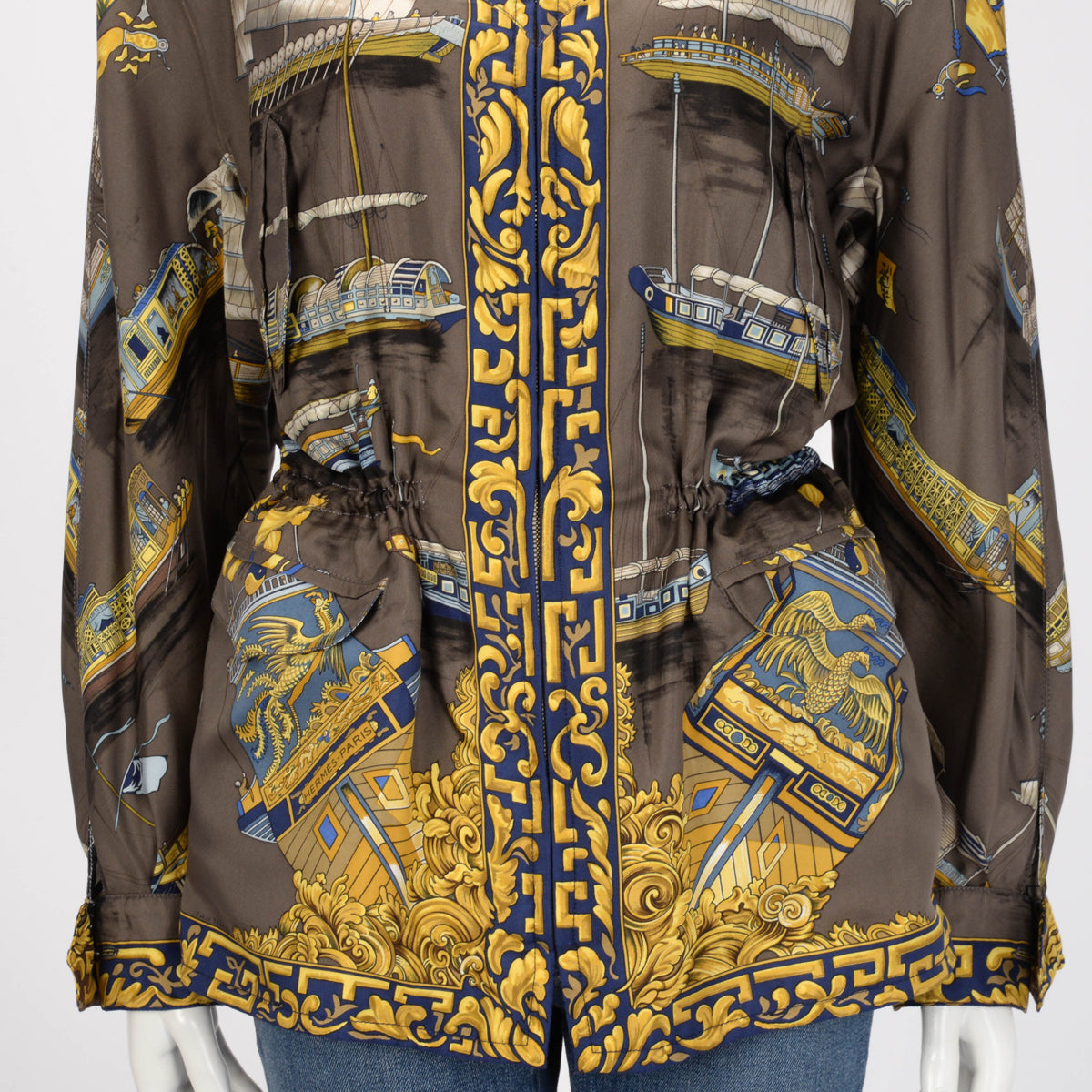 Hermes Brown & Cream Silk Jonques et Sampans Reversible Jacket FR 40