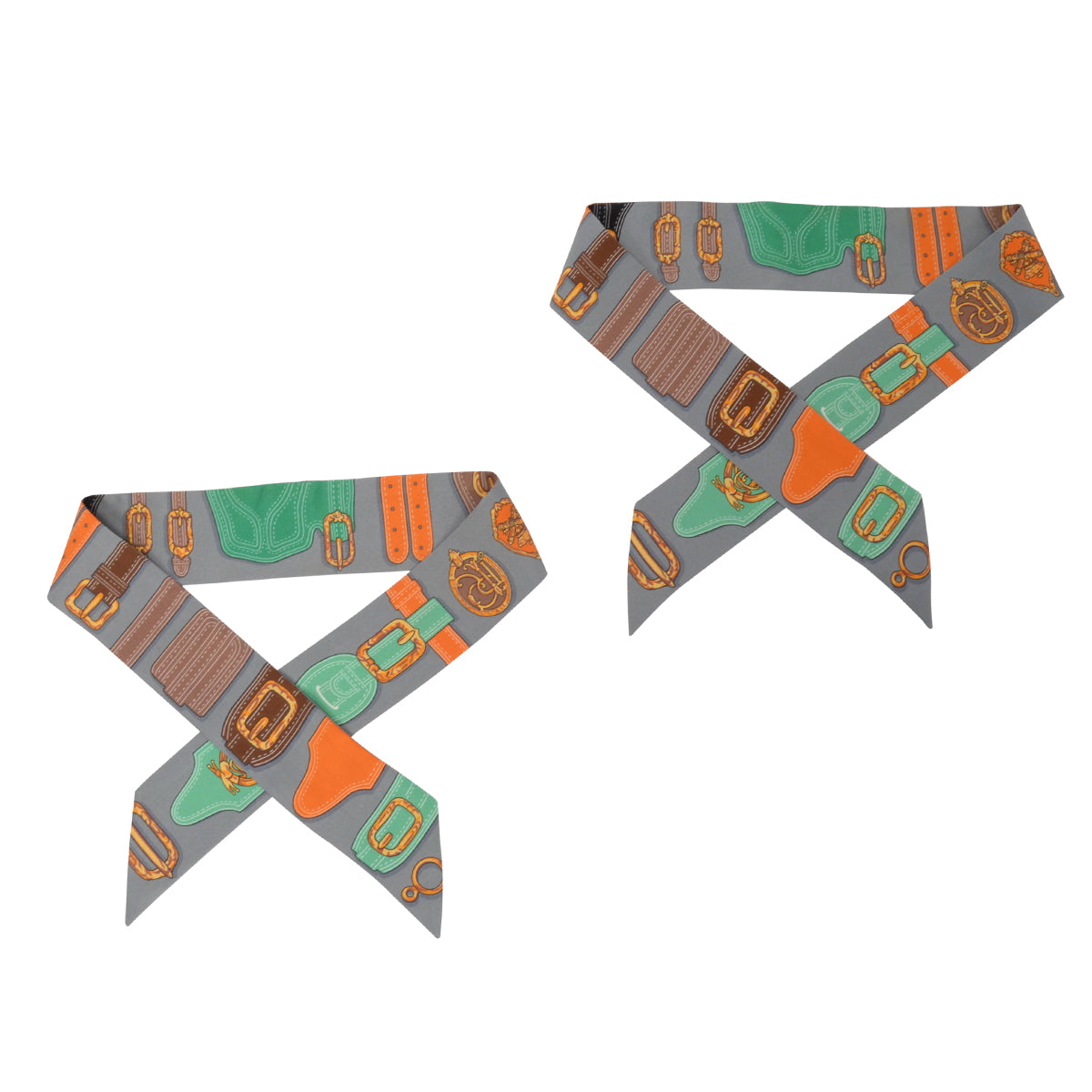 Hermes Grey Silk Harnais Des Presidents Twilly Set