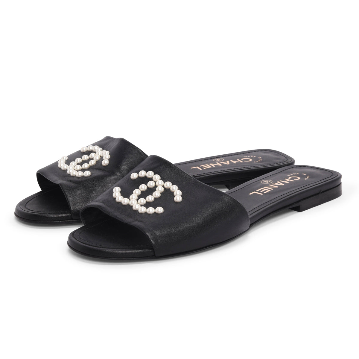 Chanel Black Lambskin CC Pearl Slides 38.5