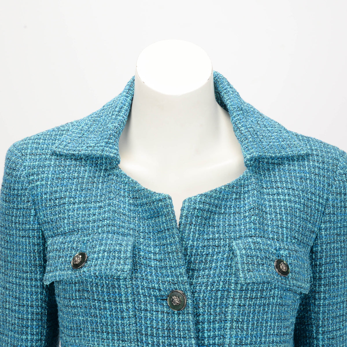 Chanel Turquoise Tweed Lion Button Jacket FR 38