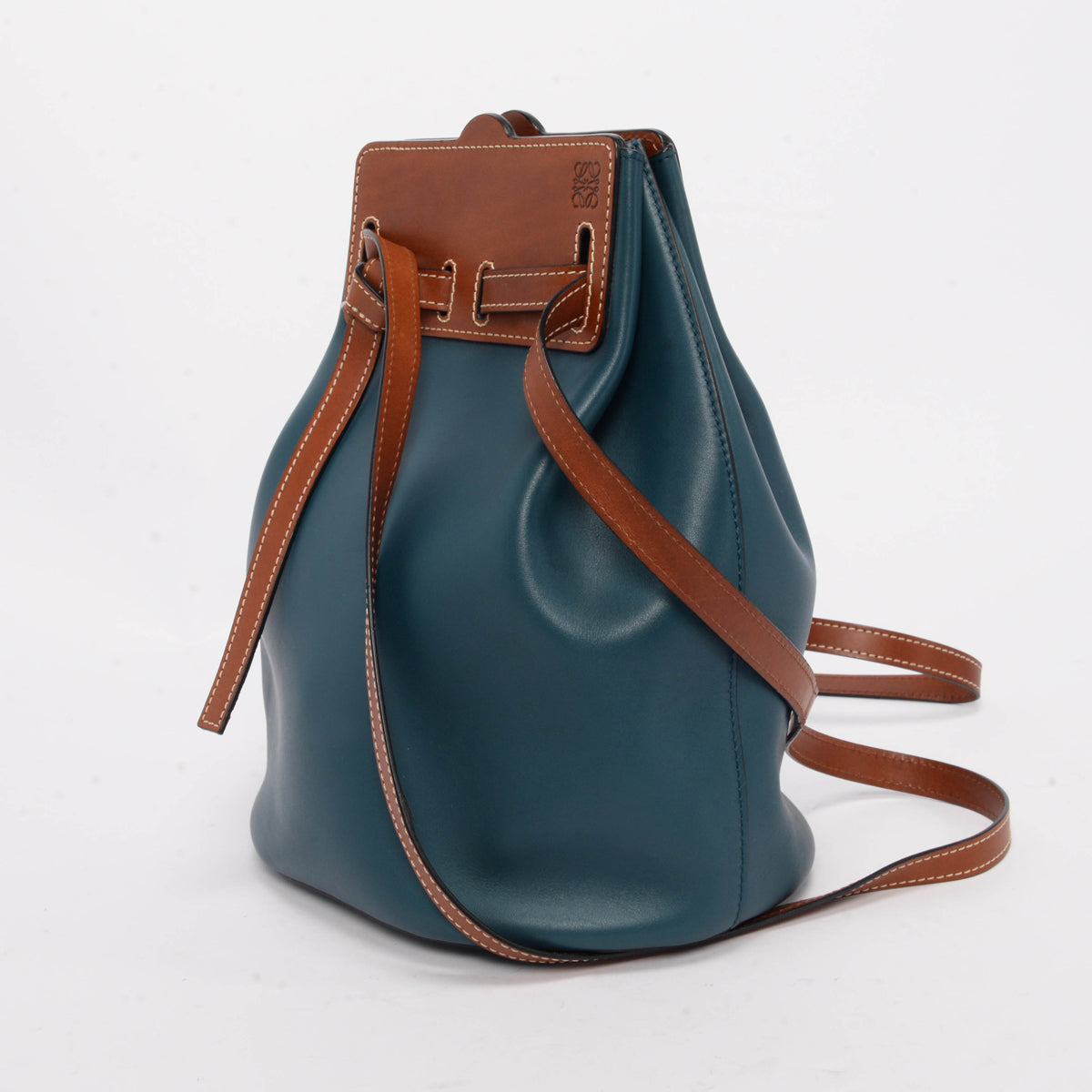 Loewe Cyan Blue & Tan Calfskin Lazo Bucket Bag