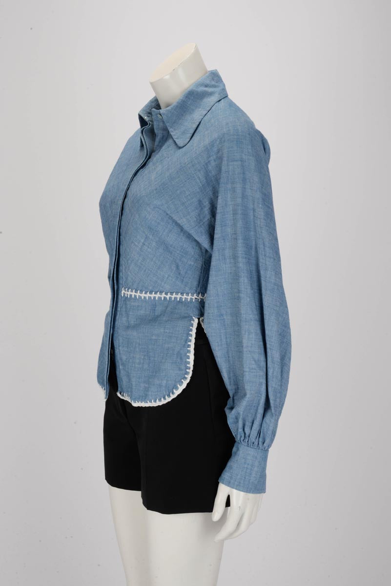 Chloe Chambray Cotton Crochet Trim Shirt  FR 34