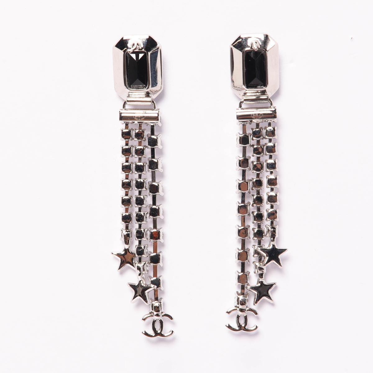 Chanel Silver & Black Crystal Star CC Drop Earrings