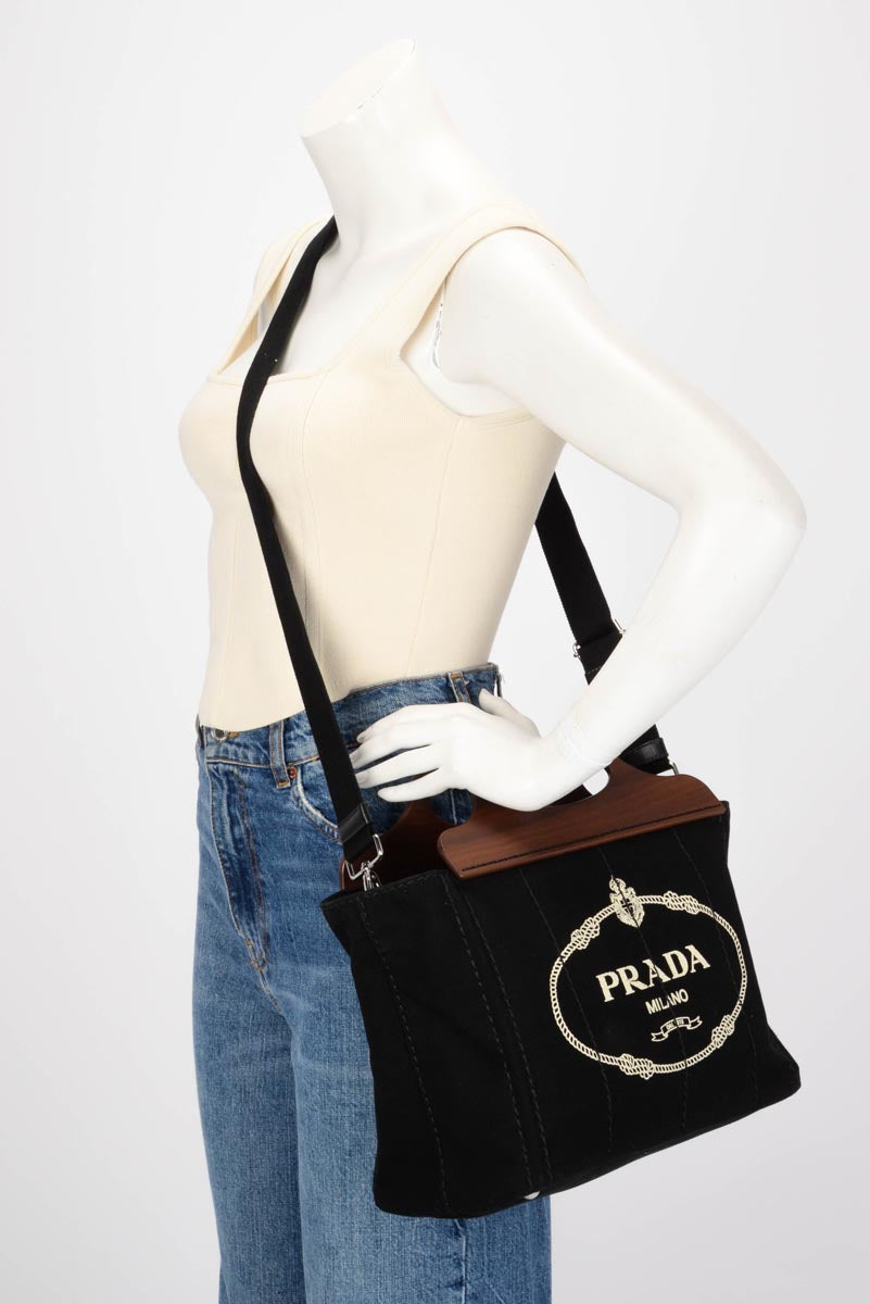 Prada Black Canvas Wood Handle Canapa Tote