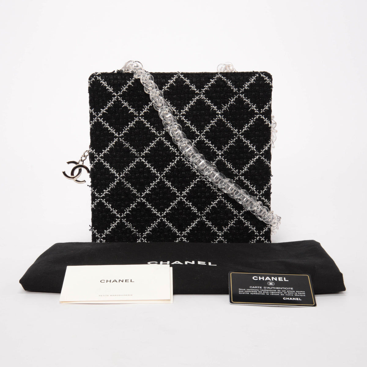 Chanel Black & White Diamond Tweed Resin Chain Shoulder Bag