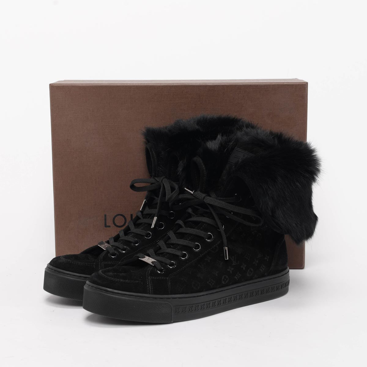 Louis Vuitton Black Monogram Suede & Fur Fold Over Sneakers 41