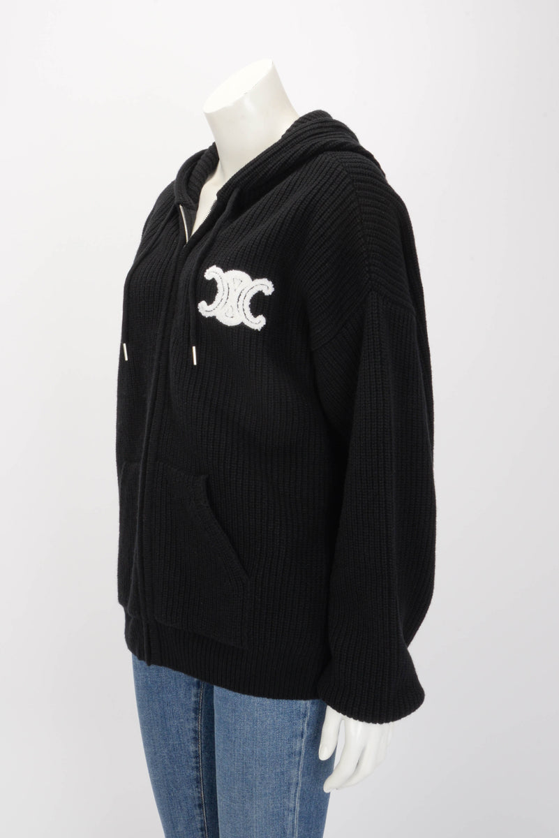 Celine Black Ribbed Wool Hooded Zip Jacket