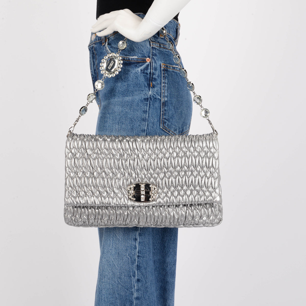 Miu Miu Silver Matelasse Nappa Crystal Shoulder Bag