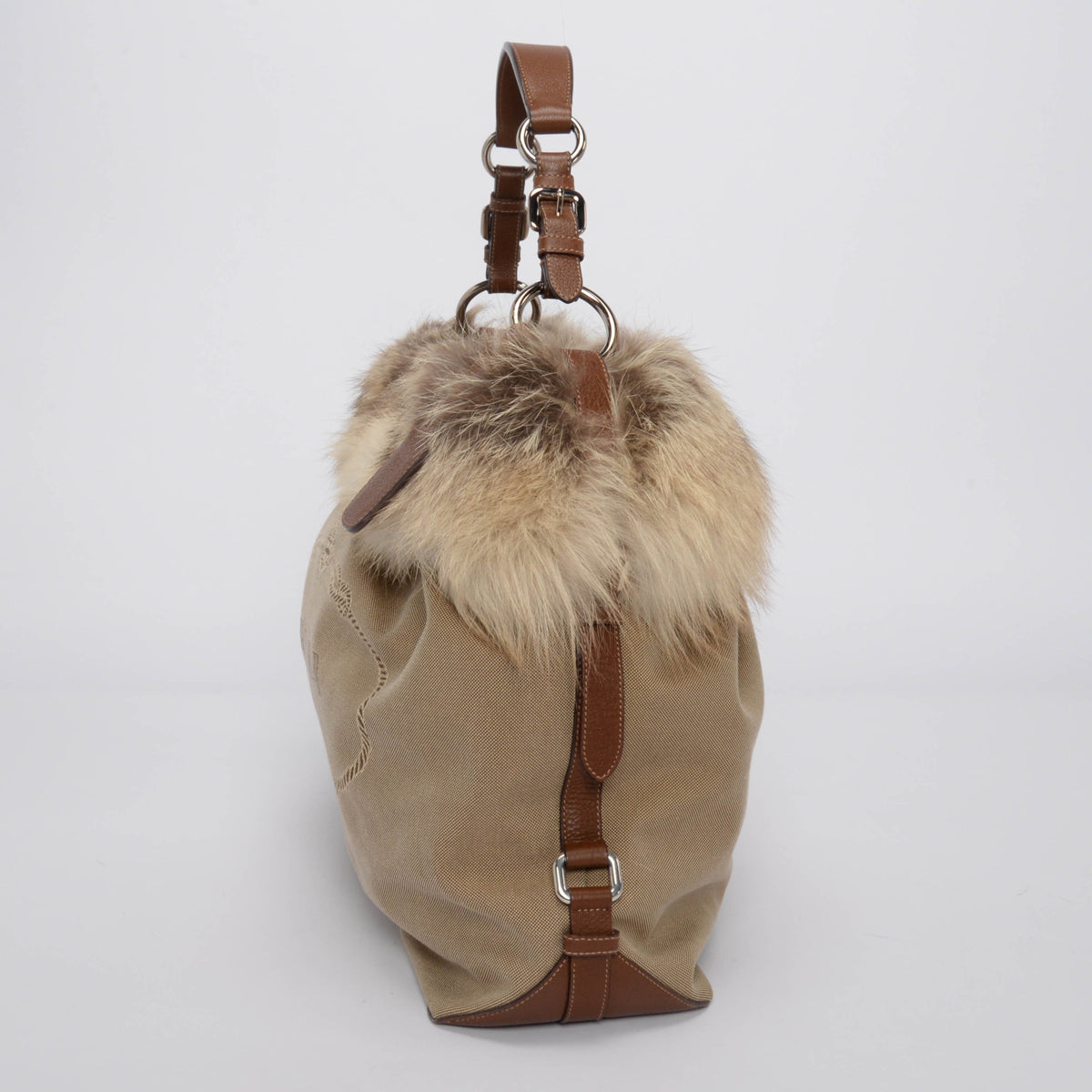 Prada Beige Logo Jacquard and Fur Hobo Bag