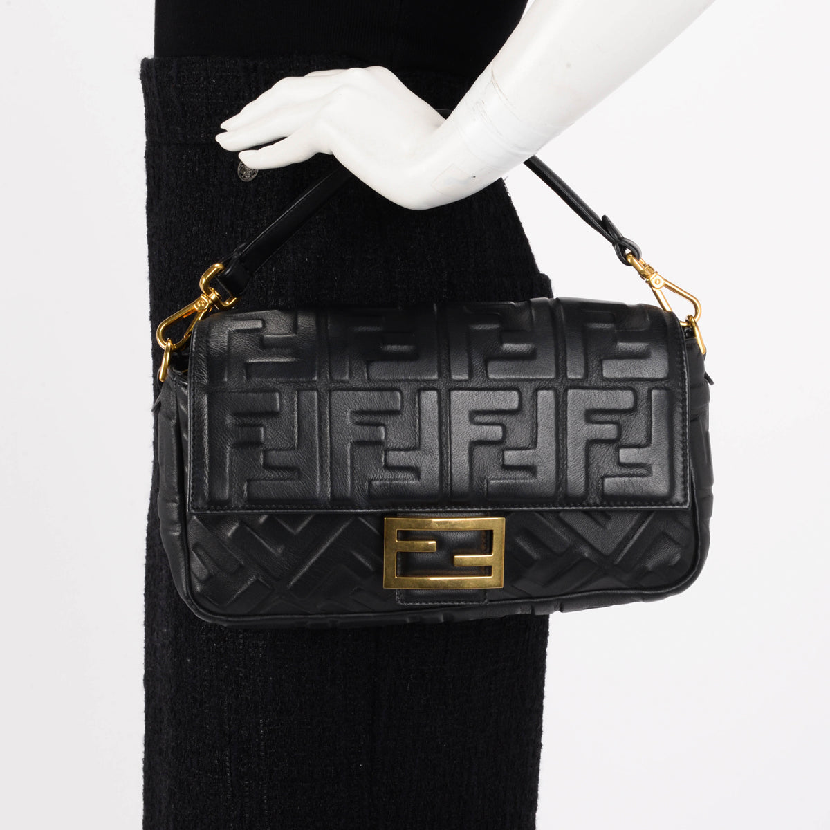 Fendi Black Nappa Leather FF 1974 Embossed Baguette